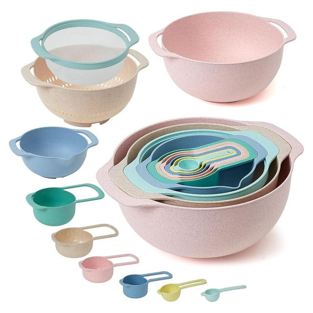 Foni Fox Plastic Mixing Bowls Set 8/10 PCS with Measuring Spoon, Colorful Serving Bowls for Kitchen, Ideal for Baking, Prepping, Nesting Bowls for Space Saving Storage (Wheat)