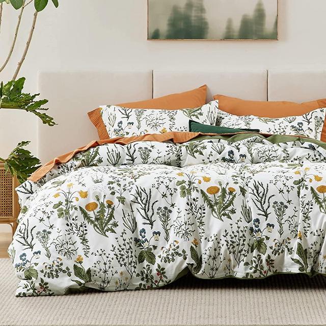 Bedsure Duvet Cover King Size - 100% Cotton Reversible Floral Duvet Cover Set with Zipper, Soft & Breathable Green Bedding Set, (3 Pieces, 1 Duvet Cover 104"x90" and 2 Pillow Shams 20"x36")