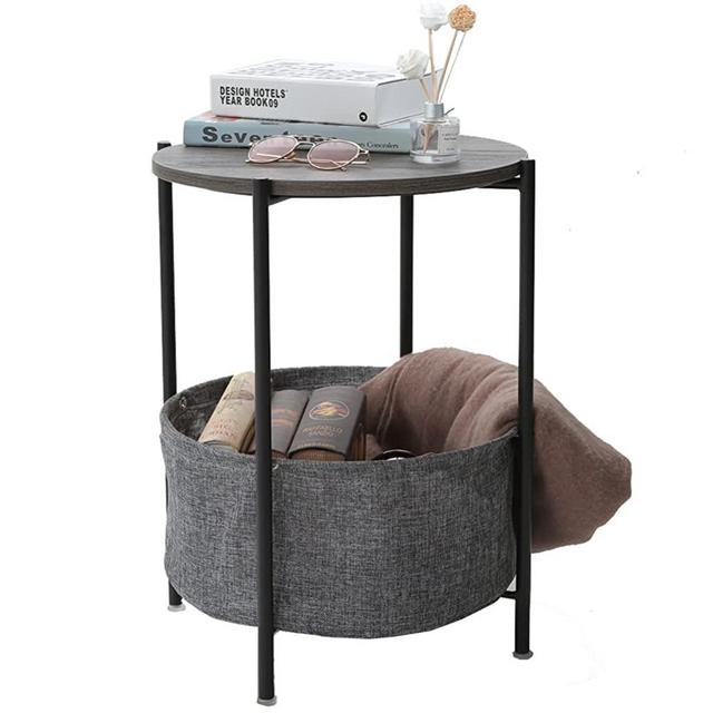 COSWE Round End Table, Side Table with Basket, Rustic Wood Narrow End Table, Industrial Small Round Side Table with Metal Frame for Living Room, Bedroom ect.