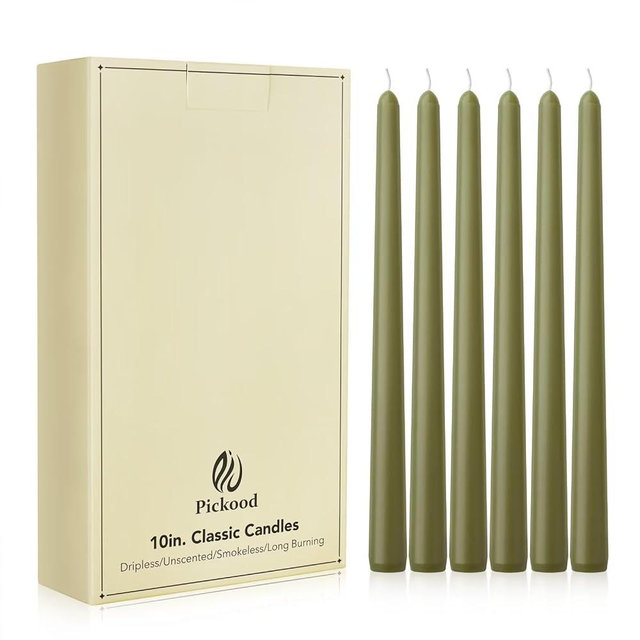 Pickood New Burning Formula Unscented Dripless 10-Inch Taper Candles Set of 12 - Olive Green, for Wedding, Dinner - Smokeless, Long Burning - Hand Poured, Colored Tall Candlesticks - Verde Oliva
