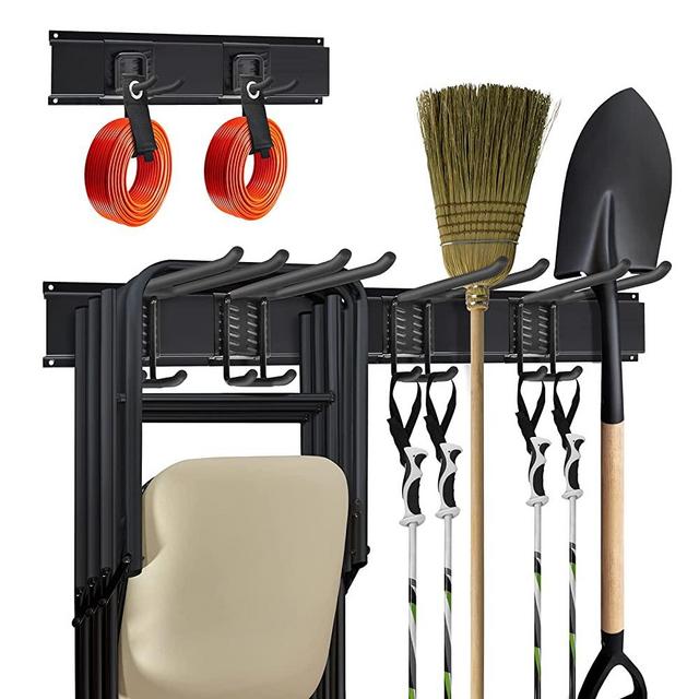 T-SIGN Strengthen Garage Tool Organizer Wall Mount, Heavy Duty Garden Storage Organization for Folding Chair Ski, Yard Rack System Lawn Holder with 2 Cable Straps 3 Tracks 6 Hooks, Max 450bls Black