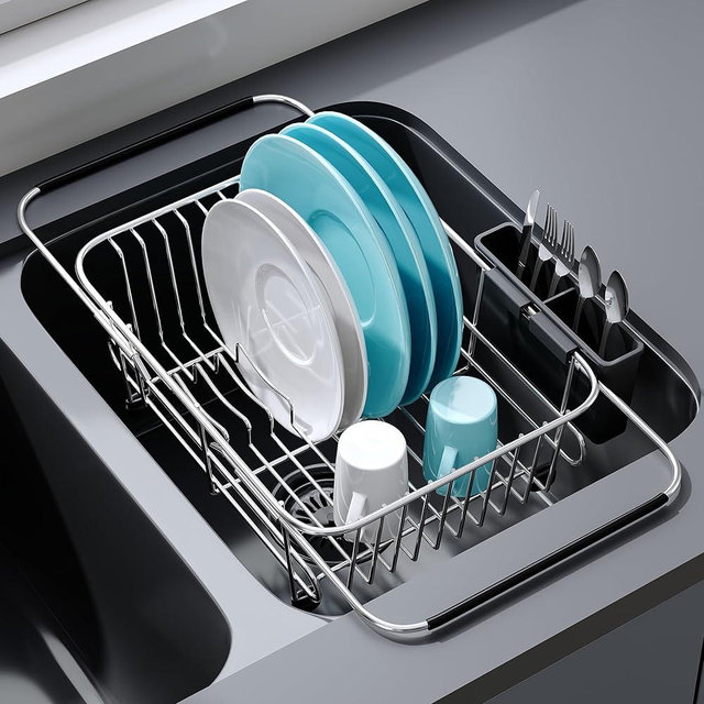 Apartment RV Small Dish Drainer Drying Rack Over The Sink In Stainless Steel for Narrow Kitchen, Counter Space Saving Compact Expandable Metal Plate Dryer Strainer, Modern Above Wire Drain Holder
