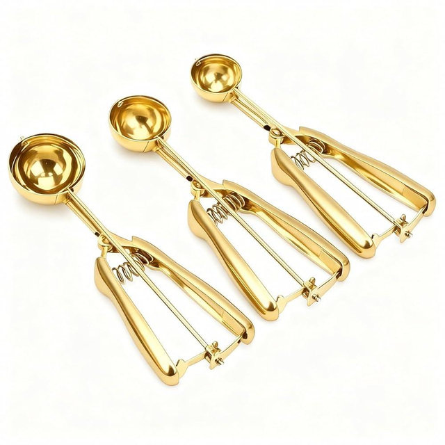 LOKARIT Set of 3 Scoops,3 Sizes(S/M/L),Ice cream spoon,Cookie scoop,Tablespoons,dough scoop,trigger release ice cream scoop,Stainless Steel,Gold
