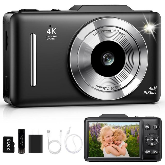 Digital Camera 4K Autofocus Vlogging Camera for Photography with 16X Zoom Anti Shake, 32GB Card, 48MP Compact Portable Point and Shoot Camera for Kids Boys Girls Teens Beginner（Black）