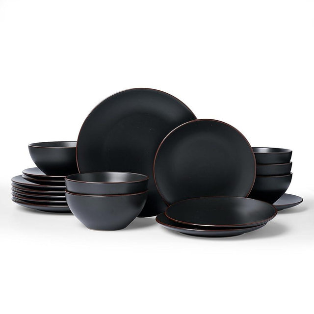 Famiware Venus Plates and Bowls Sets, 18 Pieces Stoneware Dinnerware Sets, Dishes Set for 6, Microwave and Dishwasher Safe, Matte Black