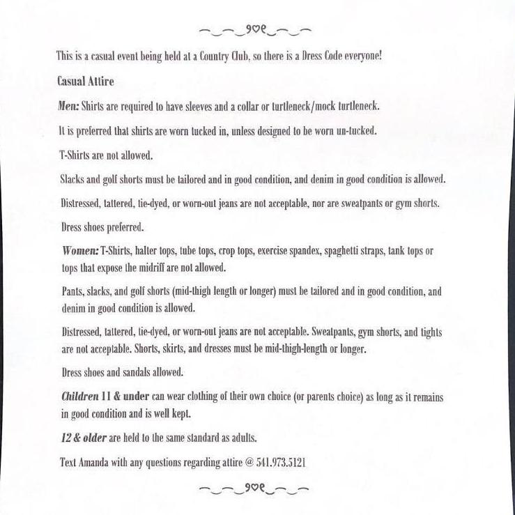 This is the dress code for our venue, which should definitely be looked at! Thanks everyone!