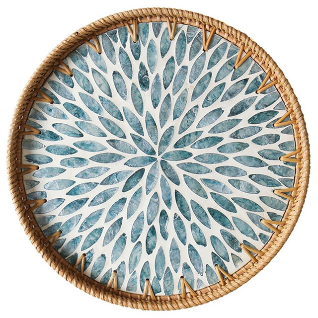 Aayoruro Round Rattan Tray with Mother of Pearl Inlay, Decorative Wicker Serving Tray with Wooden Base, Woven Basket Trays for Bread Fruits Coffee, Light Blue