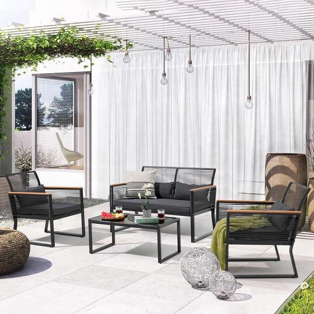 Patiorama 4 Piece Patio Furniture Set, Outdoor Wicker Bistro Set, All-Weather Black PE Rattan Conversation Set w/Coffee Table, Loveseat, Wood-Like Armrest, Cushions for Garden Balcony Deck, Dark Grey