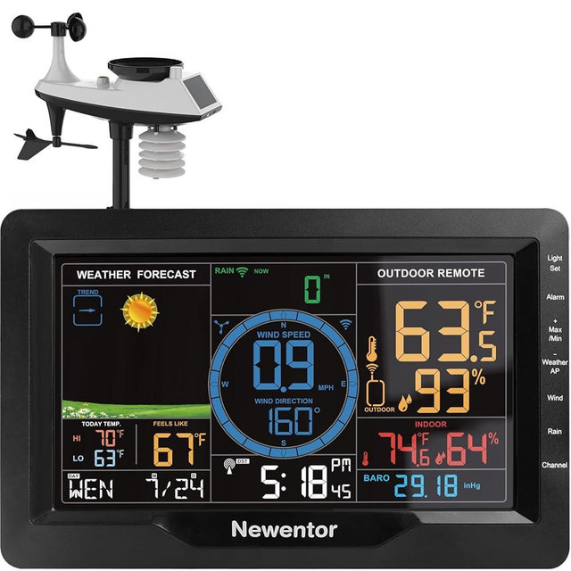 Newentor Weather Station Wireless Indoor Outdoor, Weather Stations with Rain Gauge and Wind Speed, Thermometer Weather Clock Barometers for Home, Atomic Clock with Wind Meter Sensor, Black