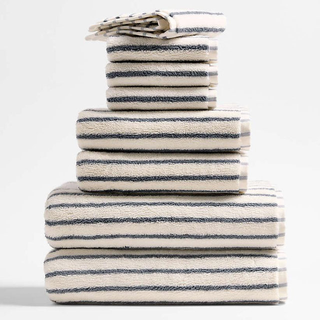Organic Turkish Cotton Pampas Ivory and Evening Blue Stripe Bath Towels, Set of 8