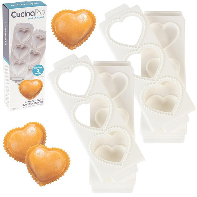 Jumbo 3" Heart Ravioli Molds 2 PK- Valentine's Day Homemade Filled Pasta Maker- 2 pc Tray & Press makes 3 Large Italian Raviolis, Easy to Use Clean- Add Love to Italian Dinner- Galentine Fun or Gift