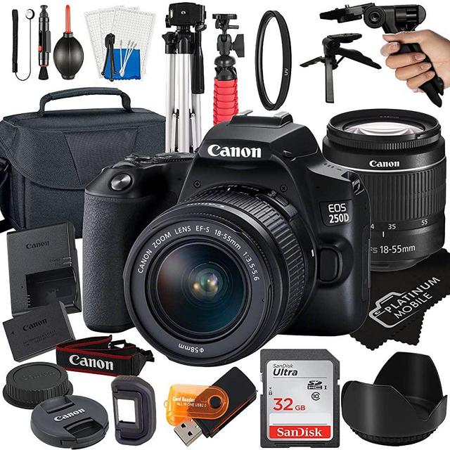 Canon EOS 250D / Rebel SL3 Digital SLR Camera 24.1MP CMOS Sensor with EF-S 18-55mm Zoom Lens + SanDisk 32GB Card + Tripod + Case + MegaAccessory Bundle (21pc Bundle)