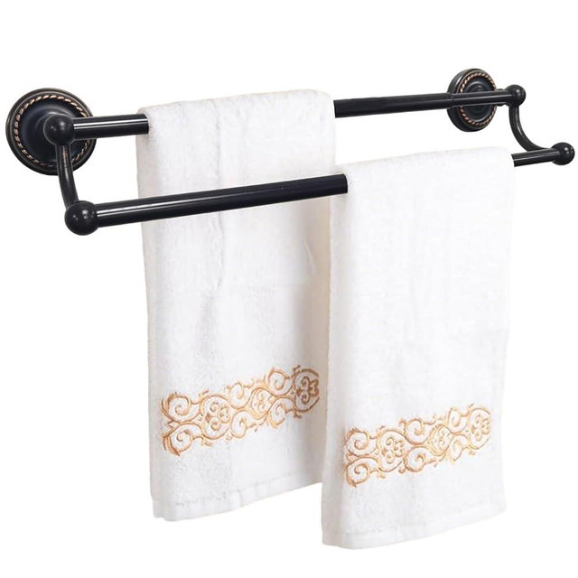 Brass Double Towel Bar, Adjustable Antique Black Towel Racks for Bathroom Wall Mounted Fits 14-25.4 Inch Centers, Heavy Duty Rustproof Bathroom Towel Rod Holder for Kitchen, Laundry Room, Hotel