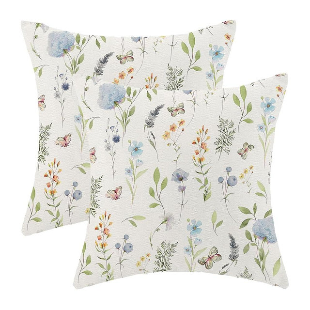Spring Pillow Covers 16x16 Inch Set of 2, Sage Green Blue Wild Flower Throw Pillows Case,Colorful Seasonal Floral Plant Outdoor Decorative Farmhouse Decor Cushion Covers for Home Sofa Bed Couch