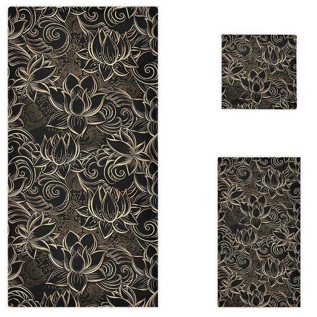 Naanle Chic Boho Luxurious Gold Lotus Flowers Soft Luxury Decorative Set of 3 Towels, 1 Bath Towel+1 Hand Towel+1 Washcloth, Multipurpose for Bathroom, Hotel, Gym, Spa and Beach(Black)