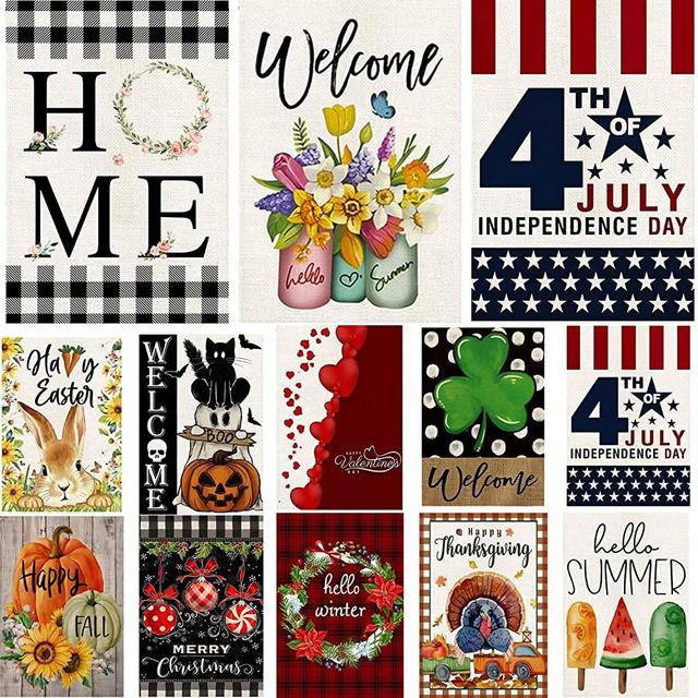 Garden Flags 12x18 Double Sided, Set of 12 Yard Flags for Outside Seasonal Garden Flag Outdoor Holiday Farmhouse Decorations Flags for All Seasons(Seasonal)