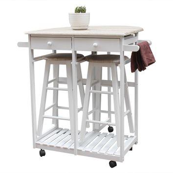 FCH Foldable Table with Wooden Handle Semicircle Breakfast Bar Cart with Round Stools