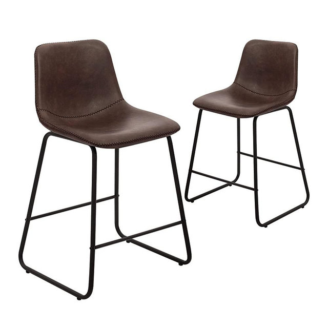 CangLong Faux Leather Armless Counter Stool Black Metal Base Faux Leather Bucket Seat, (2 PCS 24" inch), Brown