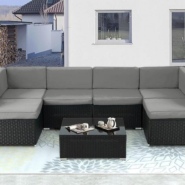 U-MAX 7 Piece Outdoor Patio Furniture Set, PE Rattan Outdoor Wicker Furniture, Outdoor Sectional Furniture Chair Set with Cushions and Tea Table, (Black Rattan&Grey Cushion)