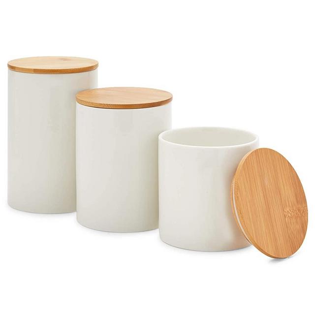 White Ceramic Kitchen Canisters with Bamboo Lids (3 Sizes, 3 Pack)