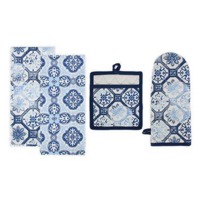 DII® Design Imports Porto 4-Piece Oven Mitt Set in Blue/White