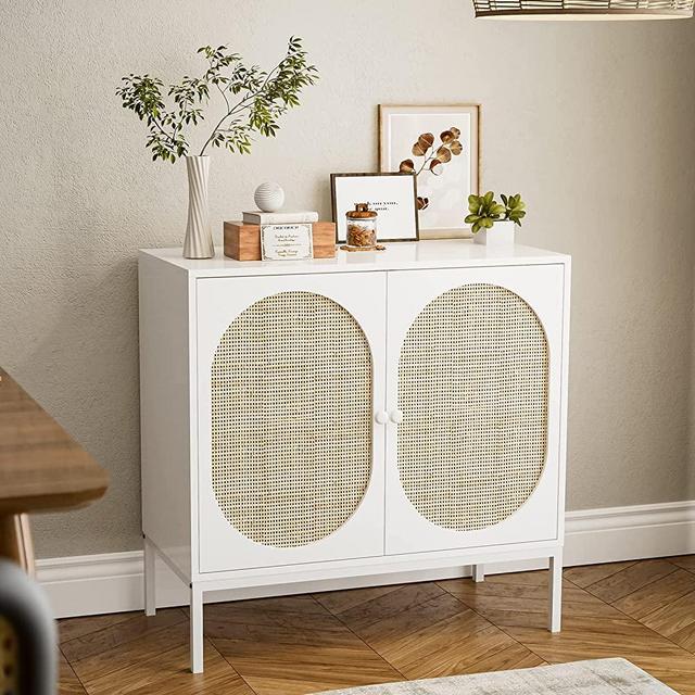 IKIFLY Accent Storage Cabinet with Handmade Natural Rattan Doors/Rattan Sideboard Buffet Cabinet/Kitchen Cupboard Server Console Table for Dining Room, Living Room, Bedroom, Hallway - White