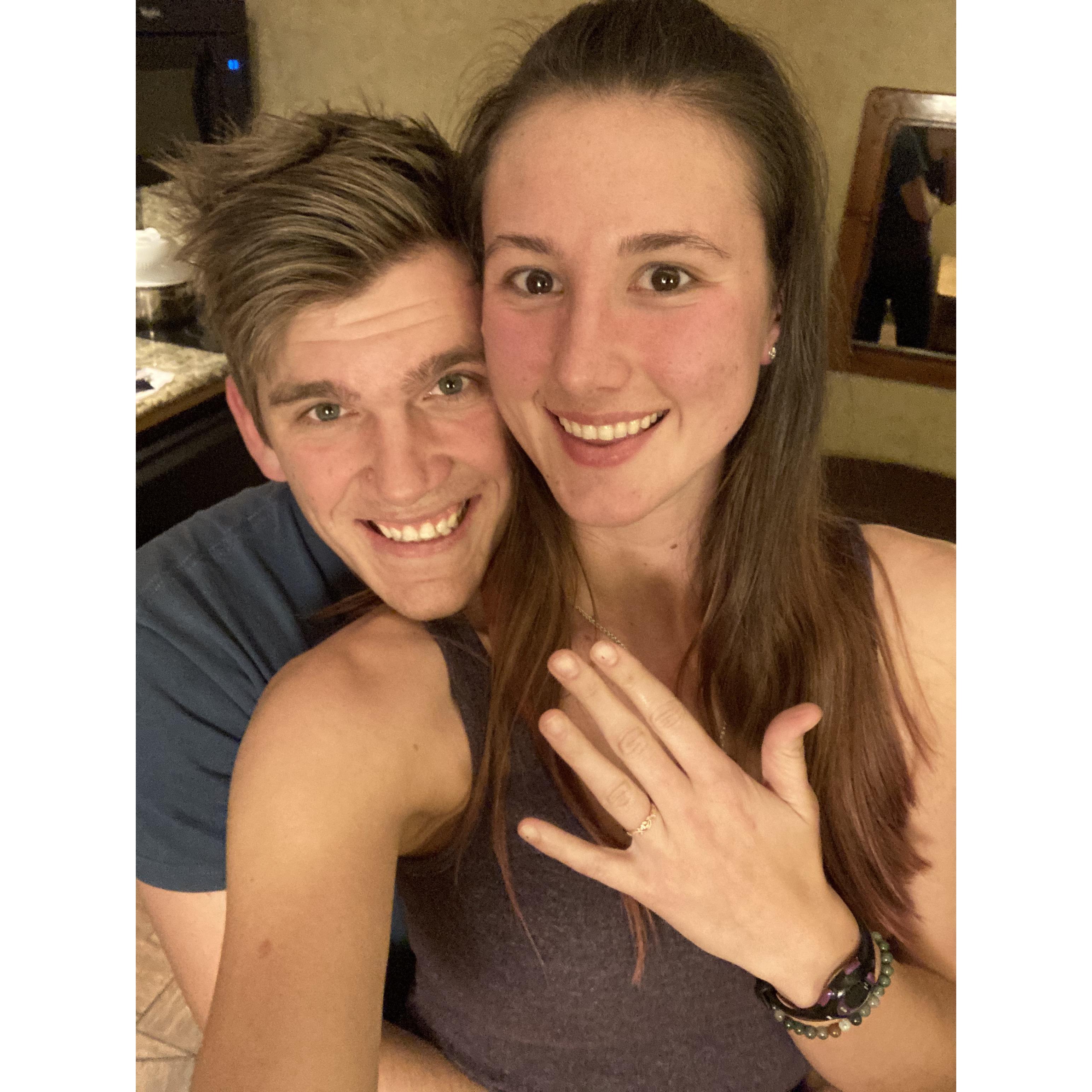 The MOMENT we got engaged! Up in a cabin in Lake Tahoe in January 2021.