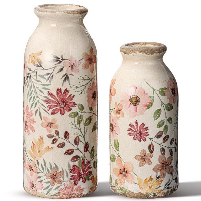 Ninehaoou 2 Pcs Vintage Ceramic Small Vase Rustic Farmhouse Vase Boho Vases Home Decoration for Your Kitchen Bedroom Office Bathroom& Shelf Centerpiece Table Decorative (6 Inches/7.8 Inches)