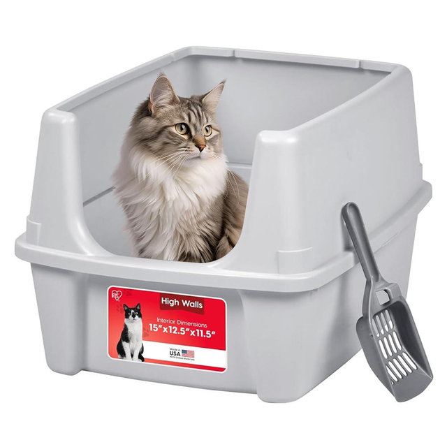 IRIS USA Large Open Top Cat Litter Box with High Sided Walls Tall Scatter Shield Scoop Included Easy Clean Plastic Pan Stain Resistant for Big Cats Kittens Indoor Multi-Cat Households