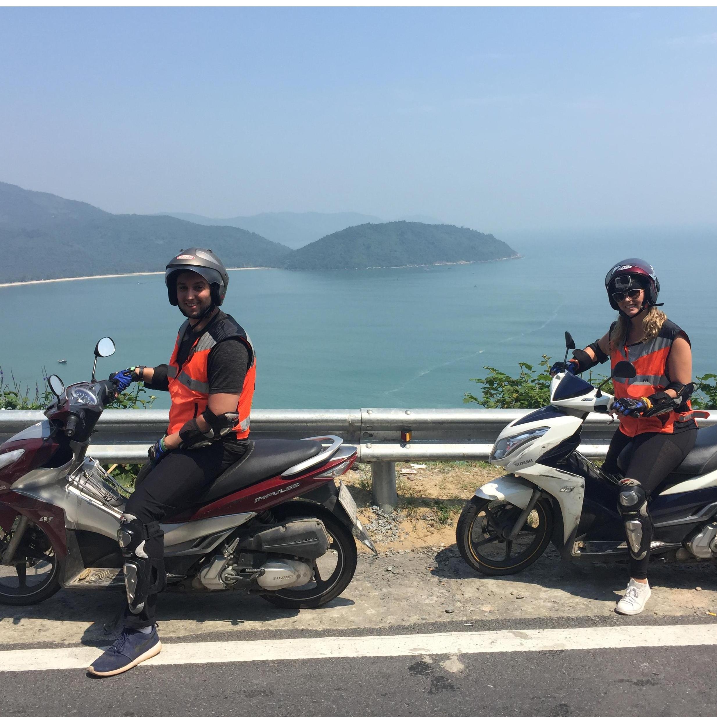 Motorbiking from Hoi Ann to Hue in Vietnam.  The safety gear made up for the fact it was our first time riding motorcycles, especially in a foreign country!