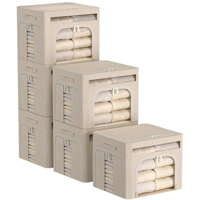 FHSQX 6 Pack Foldable Storage Bins for Clothes Clothes Storage Bins with Metal Frame Stackable Storage Box with Lid (Beige, 16.5x12.2x12.2 inch (40L))