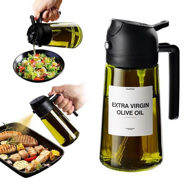 TrendPlain 16oz Olive Oil Dispenser for Kitchen - 2 in 1 Olive Oil Dispenser and Oil Sprayer - Olive Oil Dispenser Bottle w/Stickers - Olive Oil Sprayer for Cooking Black (Light Blockage)