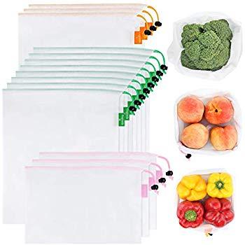 Ecowaare Set of 15 Reusable Mesh Produce Bags,3 Sizes Washable and See-Through Grogery Bags,with Colorful Tare Weight Tags,5 Small 5 Medium & 5 Large