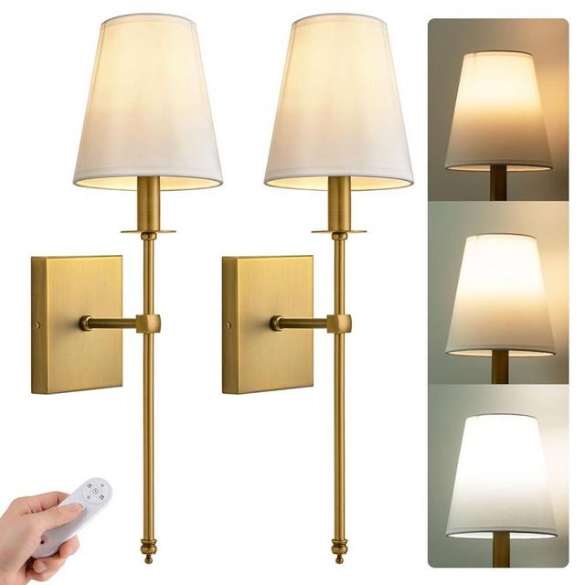 PASSICA DECOR Battery Operated Wall Sconces Set of 2 Two Wireless Lamps with 3 Color Temperature Dimmable Remoted Control Detachable Charging Light Bulb for Bedroom Living Hallway Light Fixture Gold