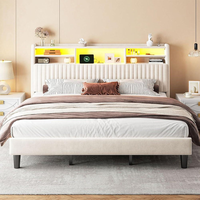 Homkdom King Size Bed Frame with Velvet Upholstered Storage Headboard Platform King Bed Frame with Charging Station and LED Lights,Wooden Slats, Noise Free, Beige