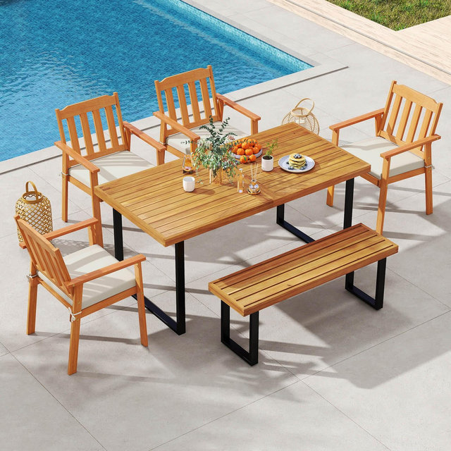 Costway 6PCS Patio Dining Table Set, Table with 4 Acacia Wood Armchairs & Backless Bench