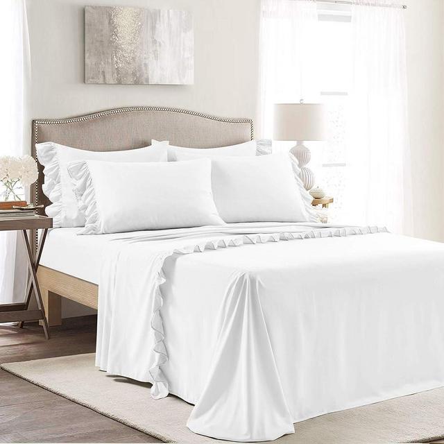 Lush Decor Reyna Ruffle Sheet Set, 6 Piece Set, King, White - Soft & Comfortable Sheets With Ruffles - Classic Elegant Bed Sheet Set - Traditional, Modern Farmhouse, Glam, & Cottage Bedroom Decor