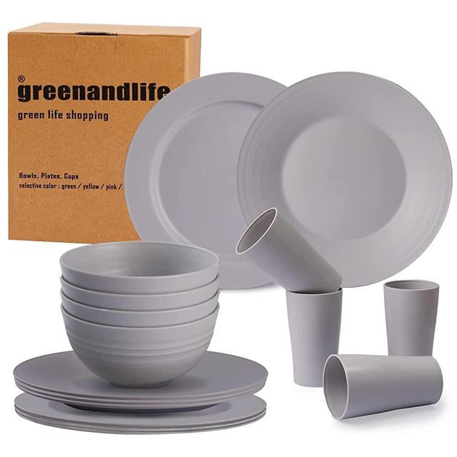 Greenandlife Premium Plastic Dinnerware Sets for 4(16pcs), Unbreakable Microwave Safe Reusable Lightweight Plates and Bowls Sets Cups Dishwasher Safe Dishes for Outdoor Camping, RV, Grey