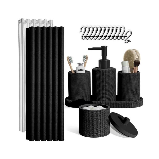 Complete Burlap-Texture Polyresin Bathroom Decor & Accessory Set with Shower Curtain