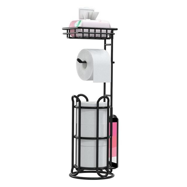 [Upgrade] Toilet Paper Holder Stand with Shelf Tissue Holders for Bathroom Free Standing Bath Tissue Roll Holder Magazine Rack for Mega Rolls/Phone/Wipe-Black