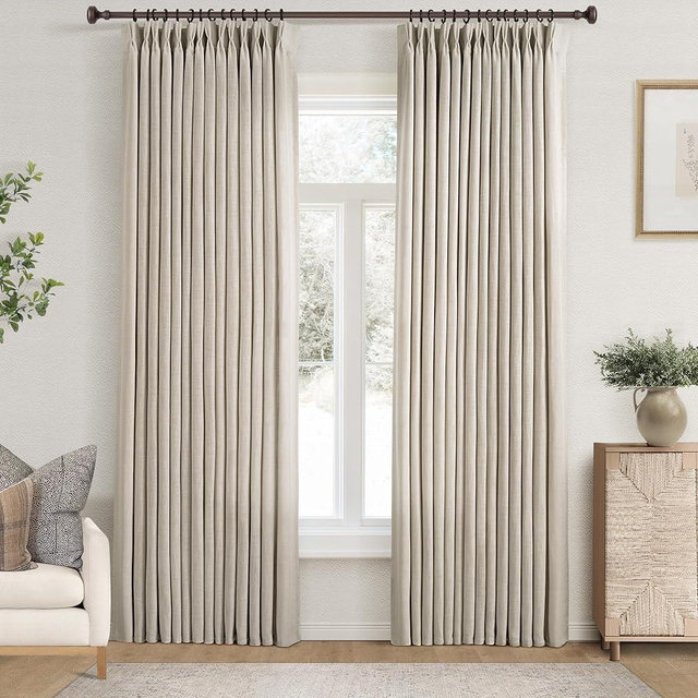 Pinch Pleat Linen Curtains for Living Room Light Filtering Semi Sheer Pinch Pleated Drapes 84 inch Length 2 Panel Set Memory Trained Burlap Textured Neutral Country Rustic Curtain Greige Taupe
