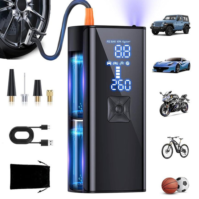 GJOSYOI Tire Inflator Portable Air Compressor, 2X Faster Inflation Air Pump with Tire Pressure Gauge and LED Light, 150 PSI Portable Compressor for Cars, Balls, Bikes and Motorcycles