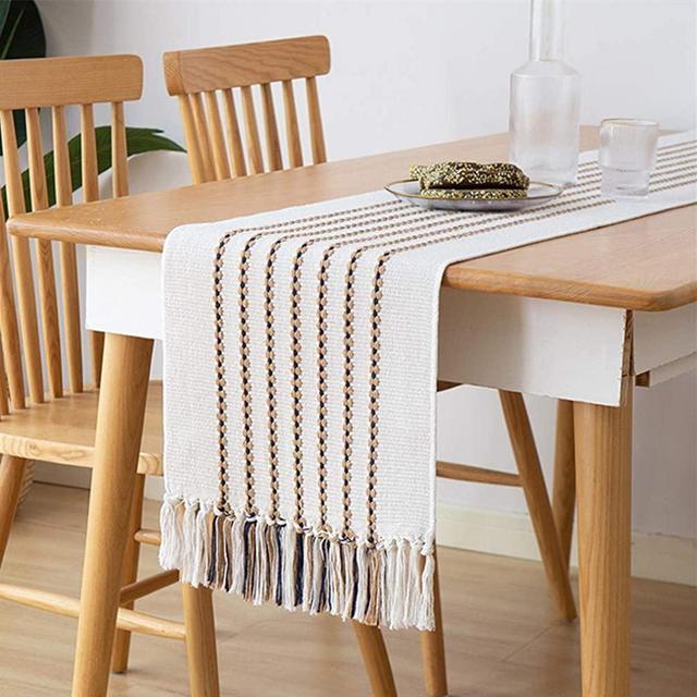 Monibana Handmade Cotton Woven Tassels Table Runner Farmhouse Navy Coffee Striped Dresser Scarf for Home Bedroom Rustic Wedding Party Coffee Dining Table Decor 59 Inch, Ivory White