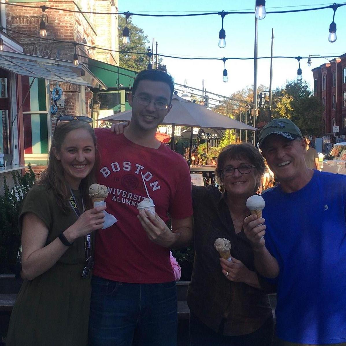 Ice cream with my parents when they met Will (five weeks after our first date, but he did great!) while visiting for their birthdays/my Marine Corps marathon. - Jessica