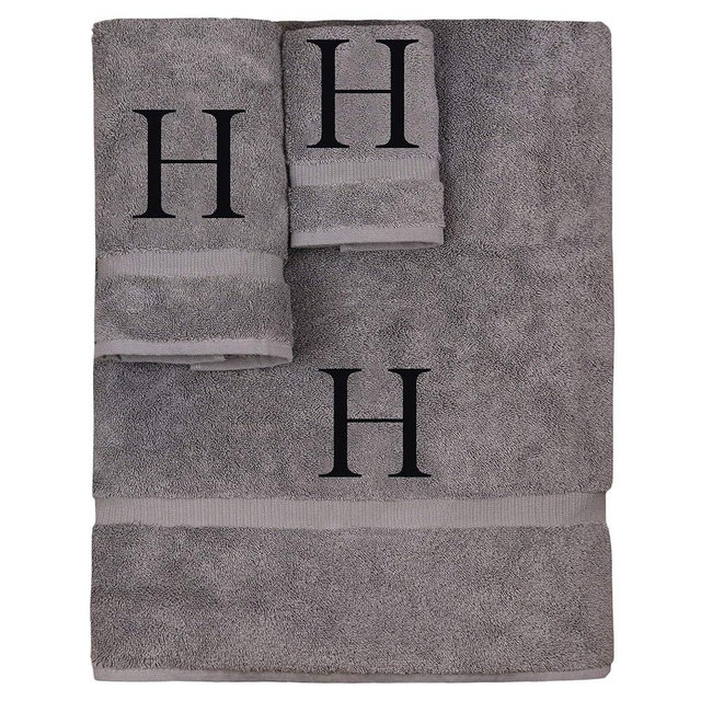Monogrammed Towel Set, Personalized Gift, Set of 3- Black Block Letter Embroidered Towel - Extra Absorbent 100% Turkish Cotton - Soft Terry Finish - Initial H Gray