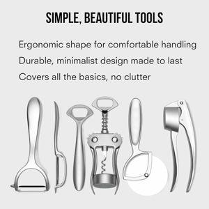 Public Goods Kitchen Tool Set | 6 Piece Kitchen Utensil Set | Includes Y-Peeler, Peeler, Bottle Opener, Wine Opener, Pizza Cutter, and Garlic Press | Plastic-Free, Dishwasher Safe Gadget Essentials