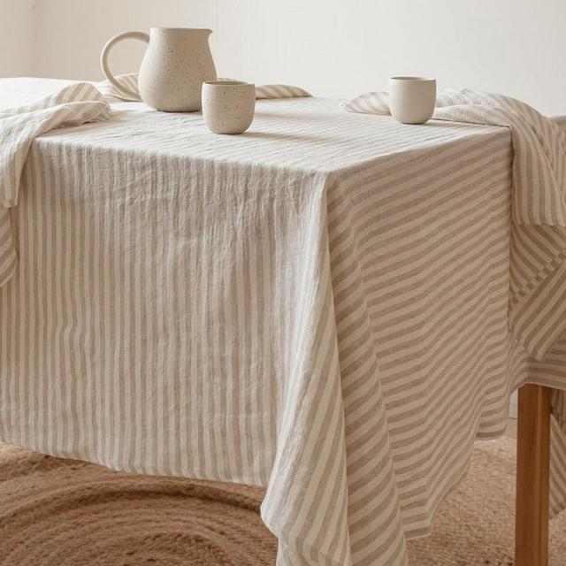 Beige stripe linen tablecloth, square, rectangular linen table cloth, custom size table linens