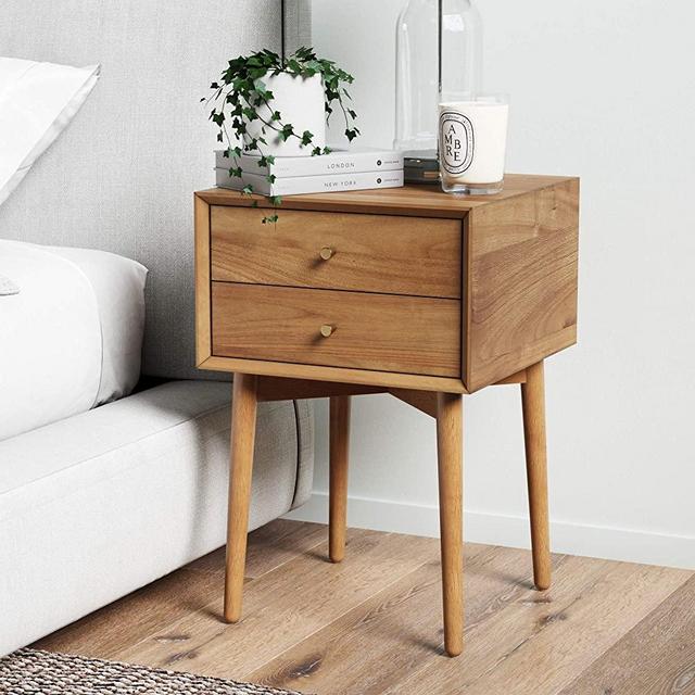 Nathan James Harper Mid-Century Oak Wood Nightstand with 2-Drawers, Small Side End Table with Storage, Brown