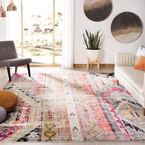 Safavieh Monaco Collection MNC222G Modern Bohemian Distressed Area Rug, 5' 1" x 7' 7", Light Grey/Multi