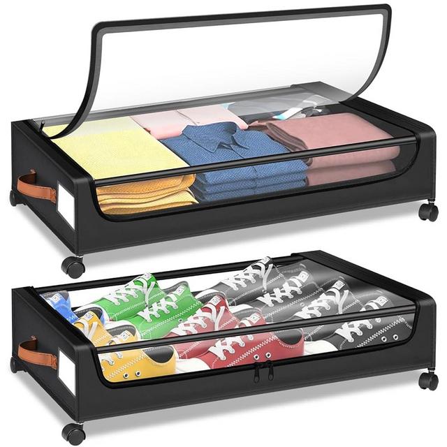 2Pcs Under Bed Storage with Wheels, Under Bed Storage Containers Box Bins, Rolling Drawers for Clothes Blankets Shoes Toys, Clothes Organizers and Storage, Easy to Pull out with PU Handles, Black